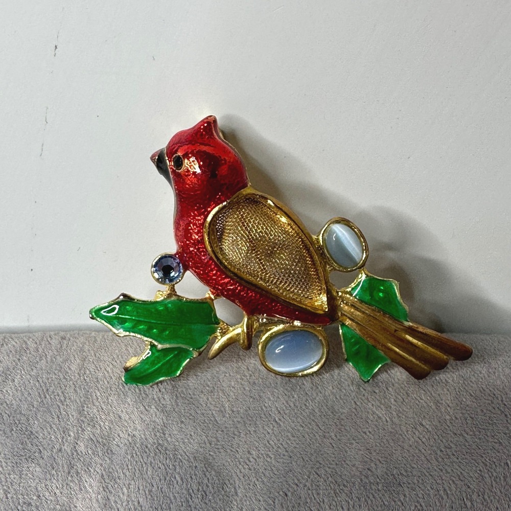 Vintage Enamel Cardinal Bird Brooch Holly Branch Gold Tone Mesh Wing Pin Holiday